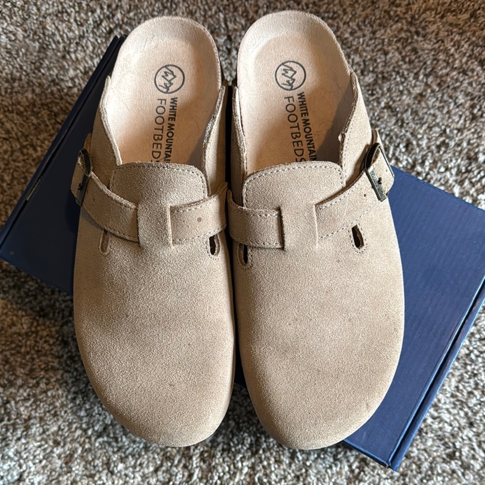Tan Suede Buckle Mules